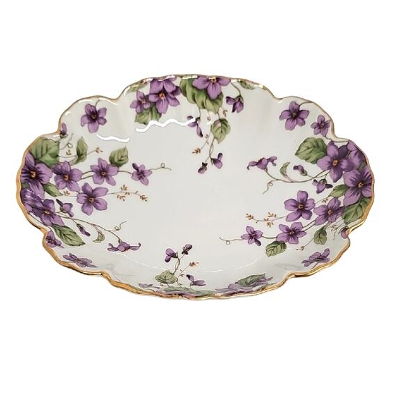 Lefton Vintage 1991 Set of Purple Floral China Dishes 2 Trinket Boxes and Clock - Picture 3 of 14